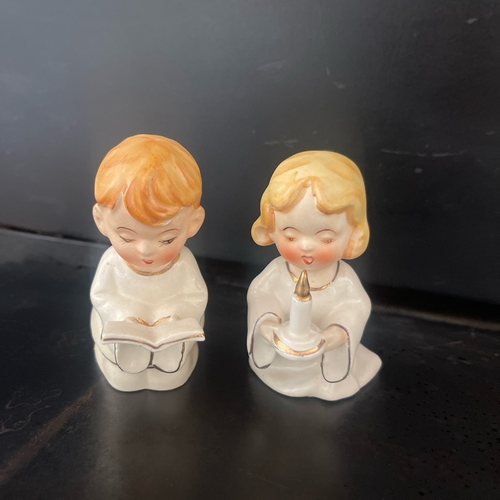 Vintage Japan Angel Figurines – Praying Boy & Girl Duo, Gold Trim